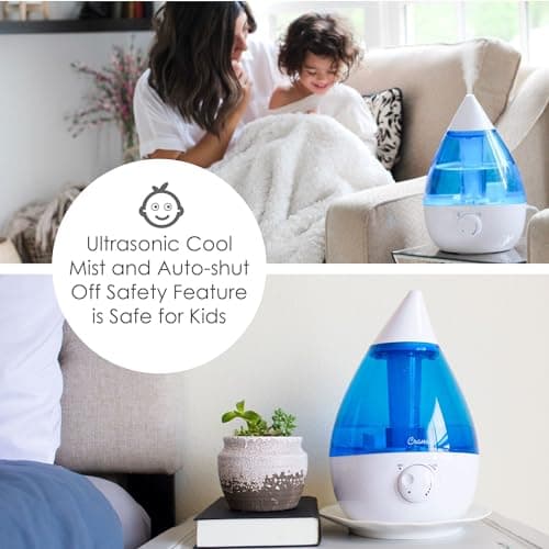 Crane Ultrasonic Cool Mist Teardrop Humidifier for Baby Nursery, Bedroom, Office, Large Room, Adjustable Humidity, Auto Shut-Off, Easy Clean Blue & White 1 Gallon