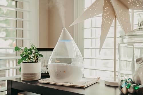 Crane White Drop 4 in 1 Ultrasonic Cool Mist Top Fill Humidifier with Sound Machine, 1 Gallon Tank, For Large Rooms, Clear and White, Baby Nursery Humidifier