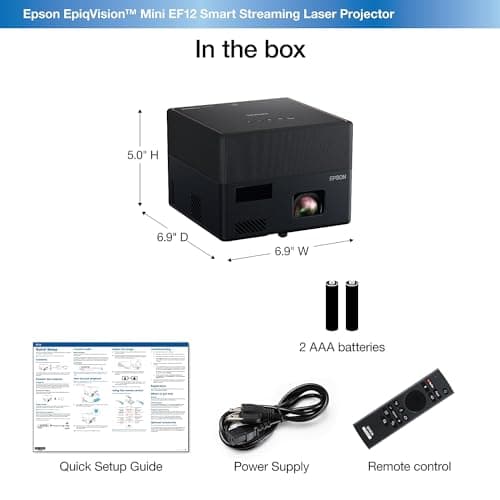 Epson EpiqVision Mini EF12 Smart Streaming Laser Projector, HDR, Android TV, Movies, Family Gaming, Portable, sound by Yamaha, 3LCD, Full HD 1080p, 1000 lumens Color & White Brightness Bluetooth Black