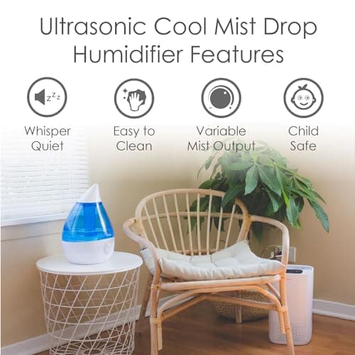 Crane Ultrasonic Cool Mist Teardrop Humidifier for Baby Nursery, Bedroom, Office, Large Room, Adjustable Humidity, Auto Shut-Off, Easy Clean Blue & White 1 Gallon