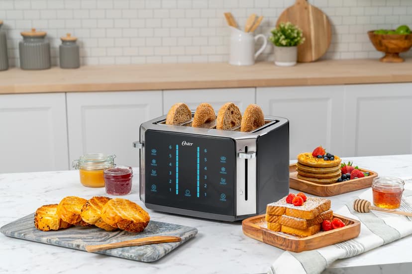 Oster 4-Slice Toaster Touch Screen Stainless Steel Digital Timer 6 Shade Settings Easy to Clean Removable Crumb Tray