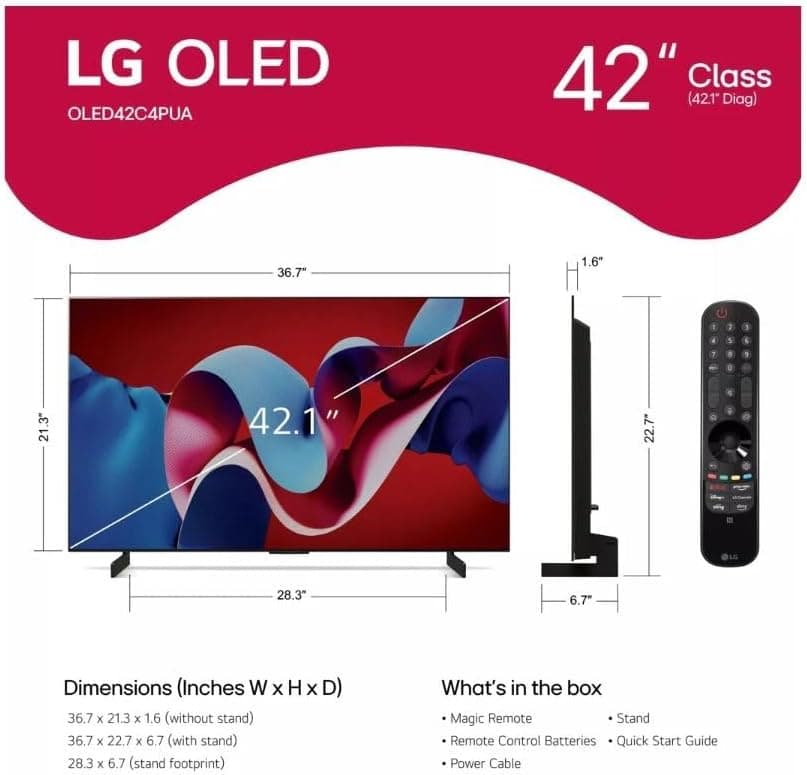 LG 42-Inch Class OLED evo C4 Series Smart TV 4K Processor Flat Screen with Magic Remote AI-Powered with Alexa Built-in (OLED42C4PUA, 2024)