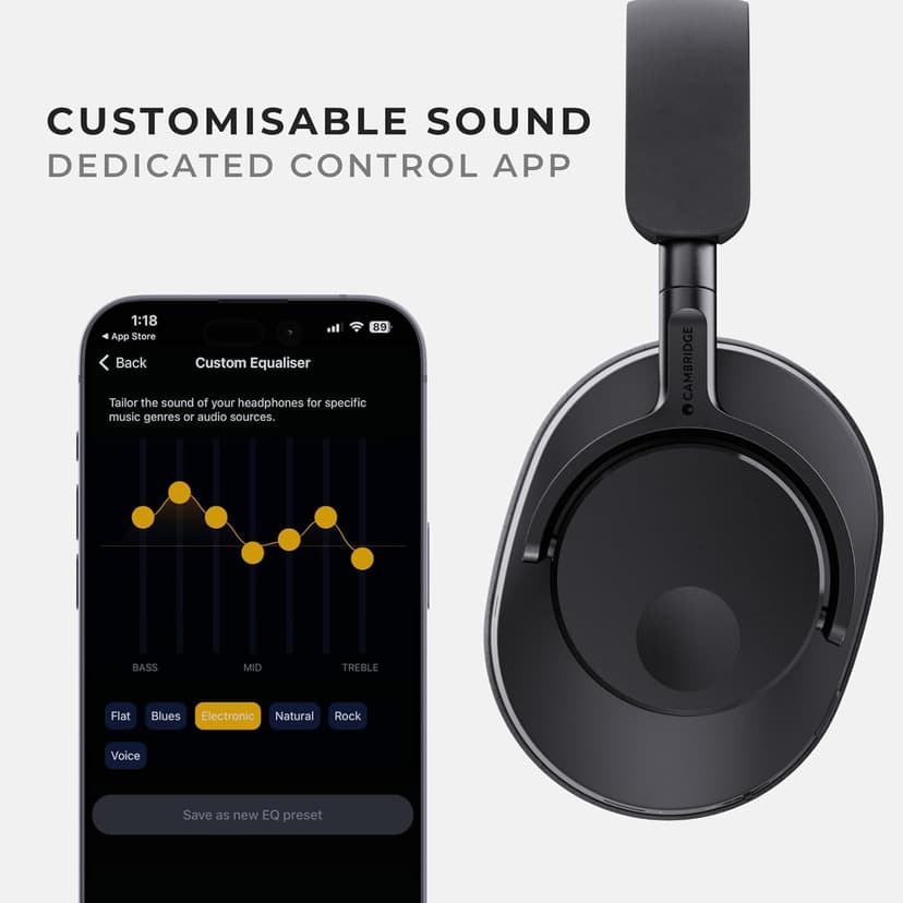 Cambridge Audio Melomania P100 Headphones - Bluetooth, Active Noise Cancelling with Hi-Fi Sound, 100 Hour Playback with User Replaceable Battery, Gaming Mode and Carry Case (Black)