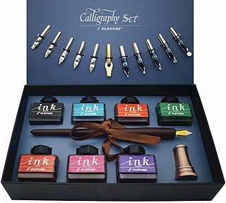 Calligraphy Pen Set – Includes Wooden Dip Pen, Antique Brass Holder, 11 Nibs, 7 Colors Ink Bottles and Beginner's Manual