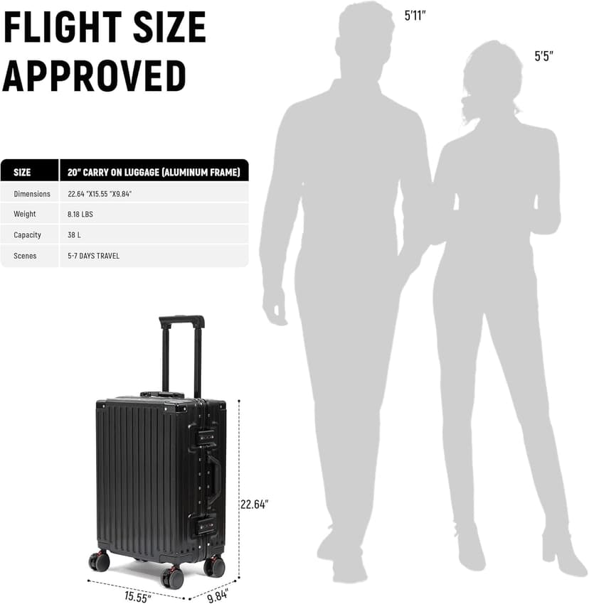 UrbanExplorer 20inch Carry On Luggage 22x14x9 Airline Approved, Zipperless Luggage Carry On TSA Approved ABS+PC Hard Shell Suitcases, Lightweight Carry On Suitcases with Aluminum Frame, Black