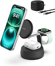 Belkin MagSafe Charger Compatible, 3-in-1 Charging Station, Qi2.2 25W w/Cooling Fan (On/Off Control) Magnetic Wireless Charger for iPhone 17, Apple Watch, AirPods, Pixel 10 (45W Adapter Included)