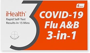 iHealth COVID-19, Flu A&B 3-in-1 Antigen Rapid Test, Results in 15 Minutes, FDA Authorized OTC Flu & COVID Home Test, with Non-invasive Nasal Swab, Easy to Use & No Discomfort (1 Pack, 4 Tests Total)