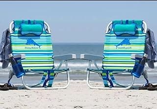 Tommy Bahama 5-Pos Lay-Flat Beach Chairs w/ Cooler Pouch, 300lb Capacity, 2-Pack Aqua Stripes