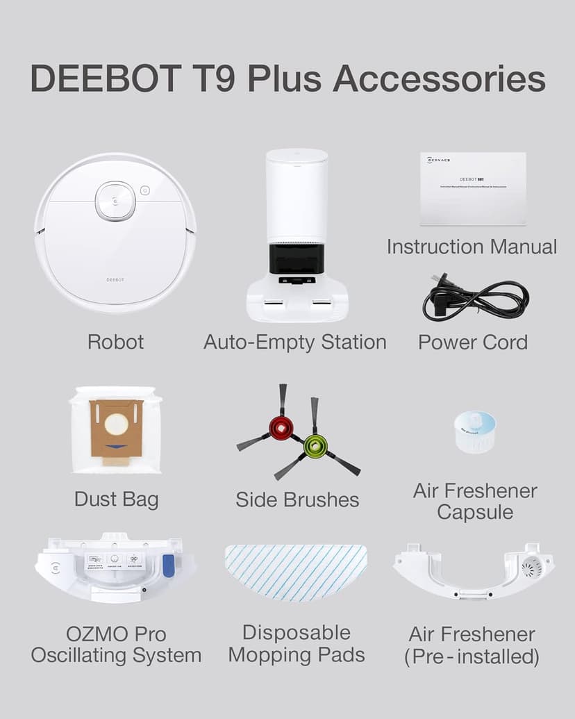 ECOVACS DEEBOT T9+ Robot Vacuum and Mop Combo with Auto-Empty Station, Precision Laser Mapping, 3D Maps, Oscillating Mopping, 3000Pa Suction, Hands-Free Cleaning for Up to 60 days, Air Freshener,White