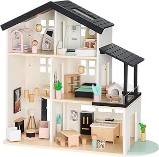 Modern 3-Story Wooden Dollhouse with 40 Interactive Accessories, 6 Rooms - White