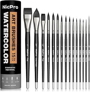 Nicpro 15PCS Watercolor Brushes Set, Soft Synthetic Squirrel Paint Brushes, Professional Water Color Paint Brush, Round, Cat Tongue, Liner, Flat, Wash for Artists, Adult, Watercolor, Inks, Gouache