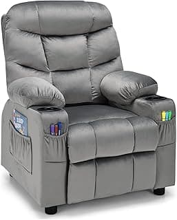 COSTWAY Kids Adjustable Velvet Recliner w/ Cup Holders & Pockets, Grey