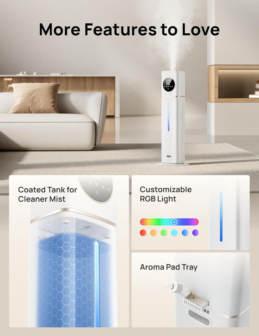 Dreo 11L Smart Humidifier Large Room 700 ft², 100H Cool Mist Air Humidifiers for Bedroom Baby Plants, Top-Fill Self-Cleaning Tank, 26dB, Auto Mode, RGB Light, Remote & APP Control, HM735S White