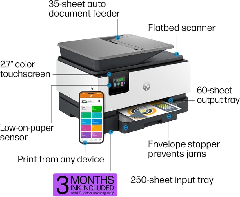HP OfficeJet Pro 9125e All-in-One Printer, Color, Printer-for-Small Medium Business, Print, Copy, scan, fax,Touchscreen; Smart Advance Scan, 3 month Instant Ink trial included