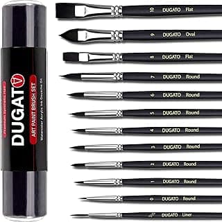 DUGATO 12pc Artist Paint Brush Set - Professional Synthetic Bristles (Round, Flat, Liner, Oval) for Watercolor, Acrylic, Oil, Gouache, Miniatures & Crafts