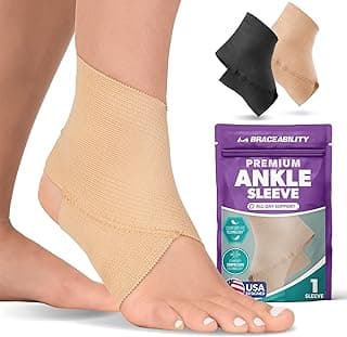 BraceAbility Ankle Compression Sleeve - Lightweight Support for Sprains & Sports (Beige, M)