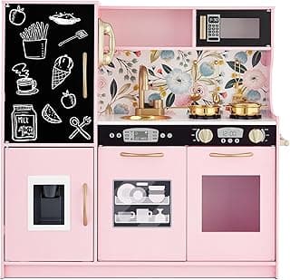 Pink Floral Wooden Play Kitchen w/ Ice Maker, Phone & Accessories