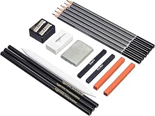 Amazon Basics Sketching and Drawing Art Pencil Kit, Artist Supplies with Pencils, Erasers, Sharpener, Charcoal, Black, White, 17 Piece Set