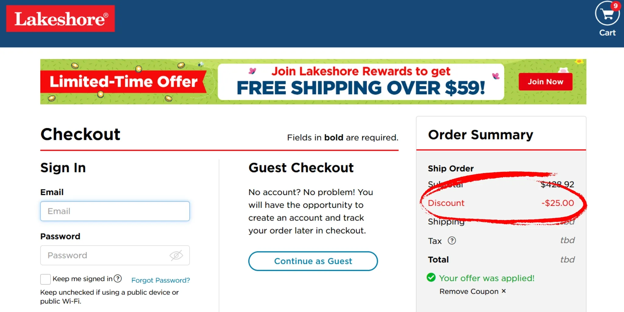 Lakeshore checkout page