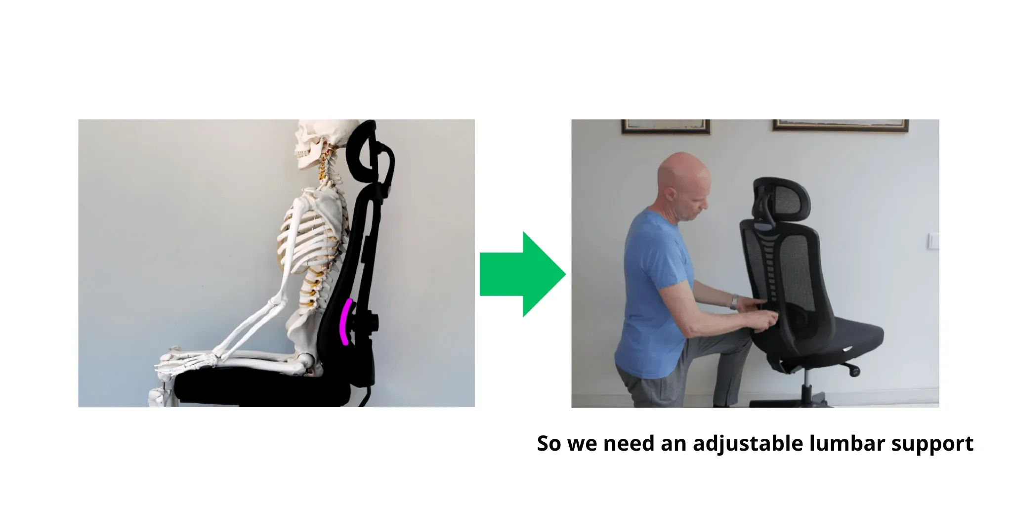 The angle of the low back arch varies hugely between people so we need an adjustable lumbar support. The angle of the low back arch varies hugely between people so we need an adjustable lumbar support.