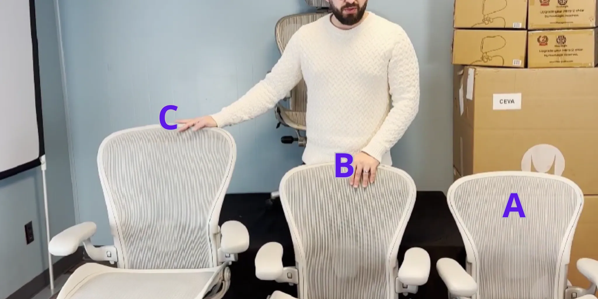 These are 3 different seat sizes of Herman Miller Aeron. These are 3 different seat sizes of Herman Miller Aeron.