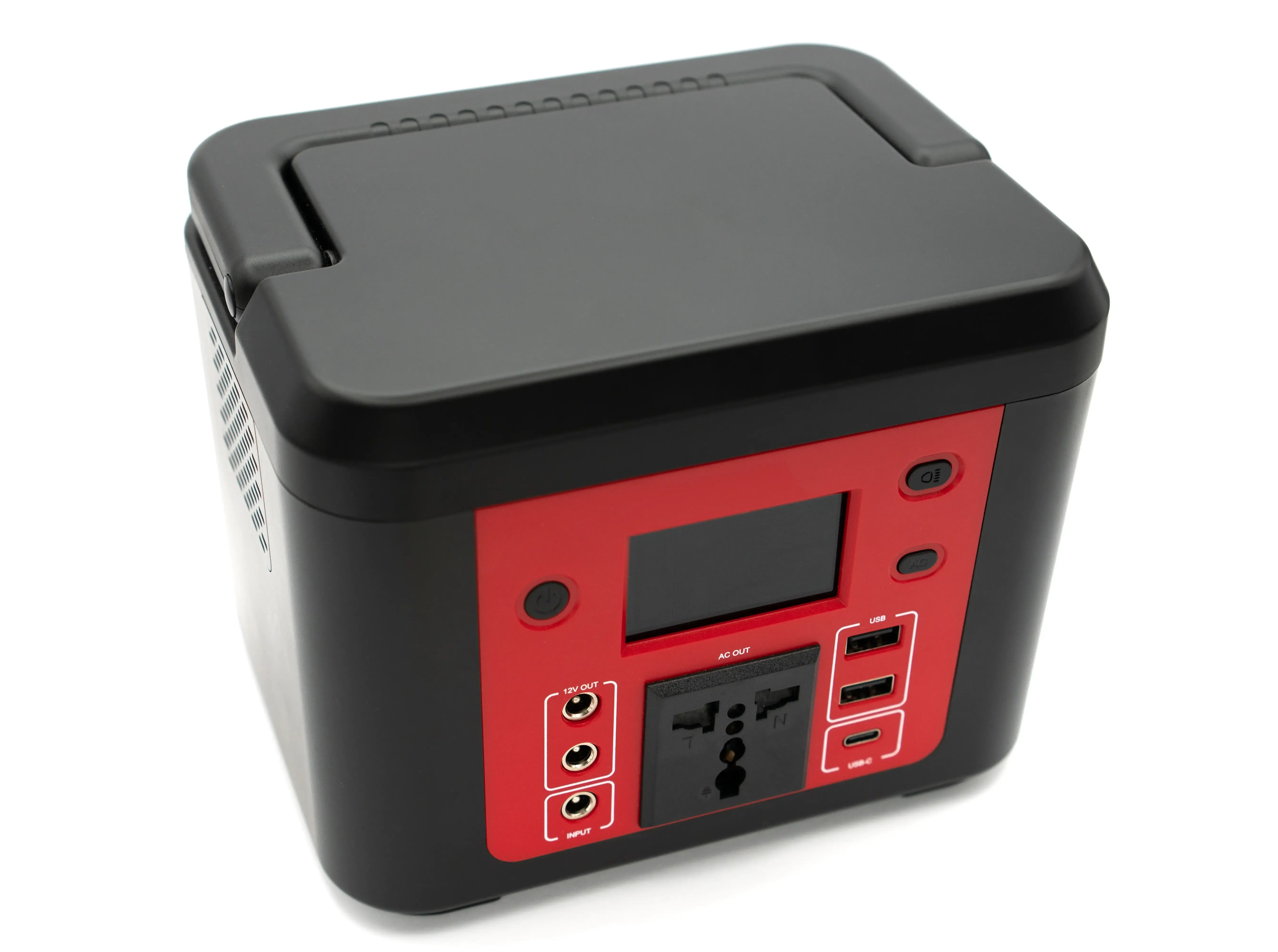 A Red portable power station on white background.