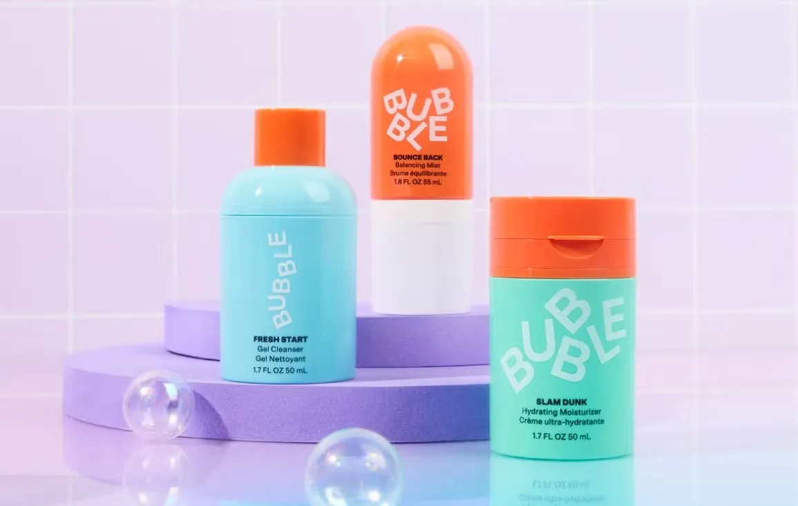 Bubble skincare products from Boots displayed on a pastel background with a playful, modern design.