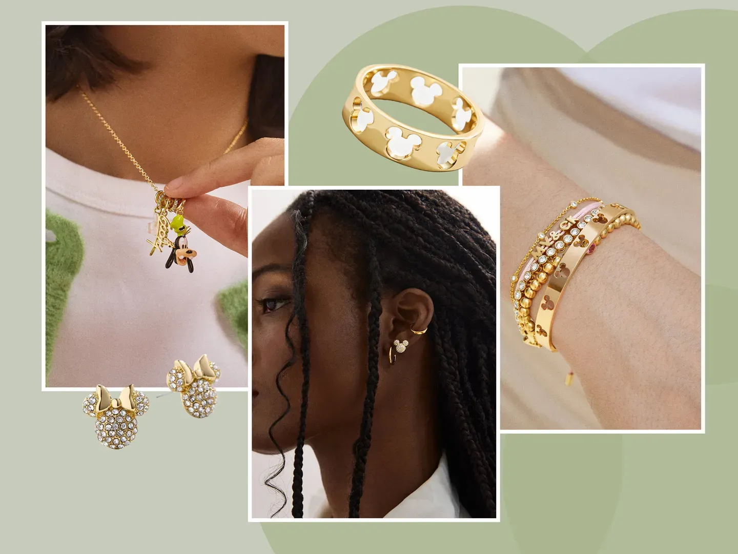 The image displays a collection of Disney-inspired gold jewelry, including necklaces, earrings, rings, and bangles