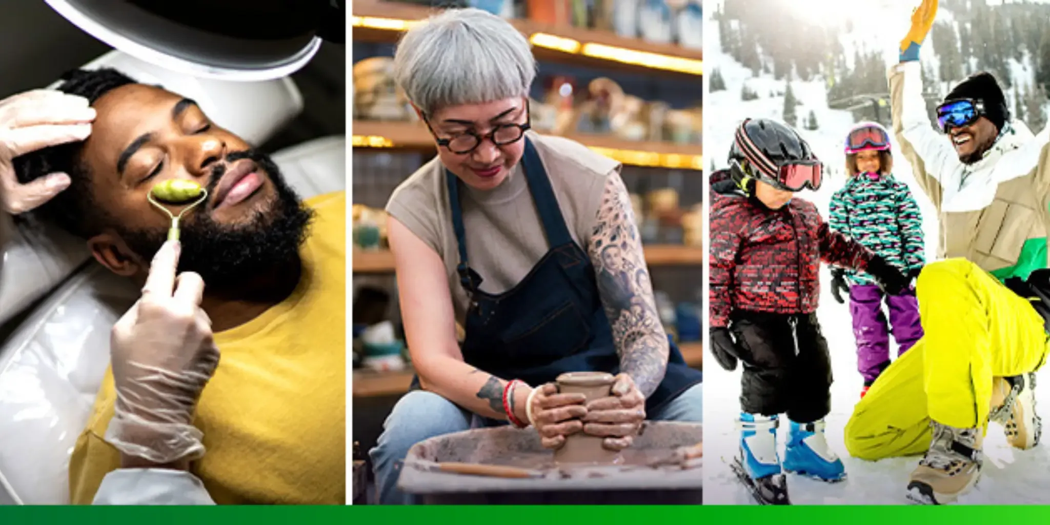 A man getting a facial, a person doing pottery, and a family skiing. A man getting a facial, a person doing pottery, and a family skiing.