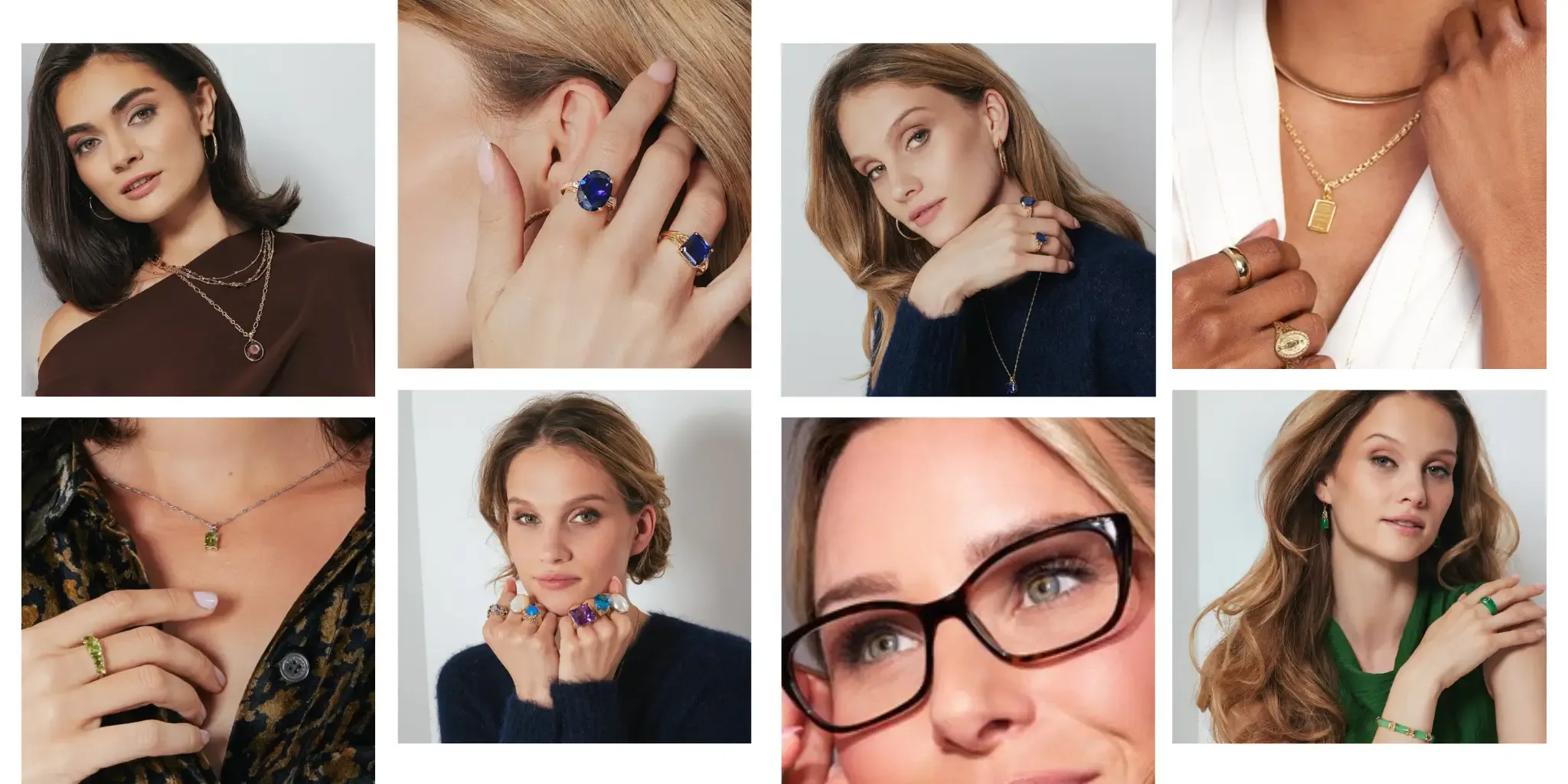 Models wearing rings, necklaces, and earrings from JTV