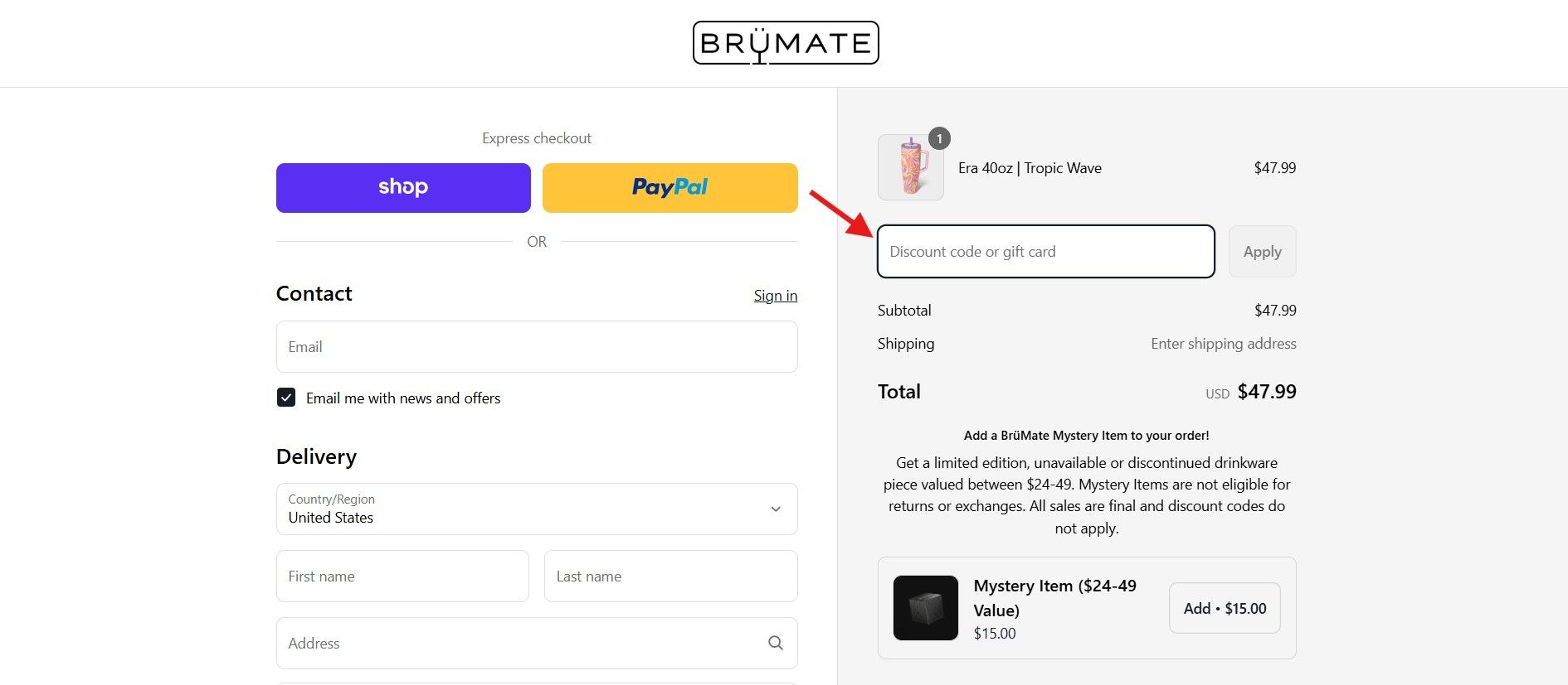 A screenshot of Brumate checkout page.