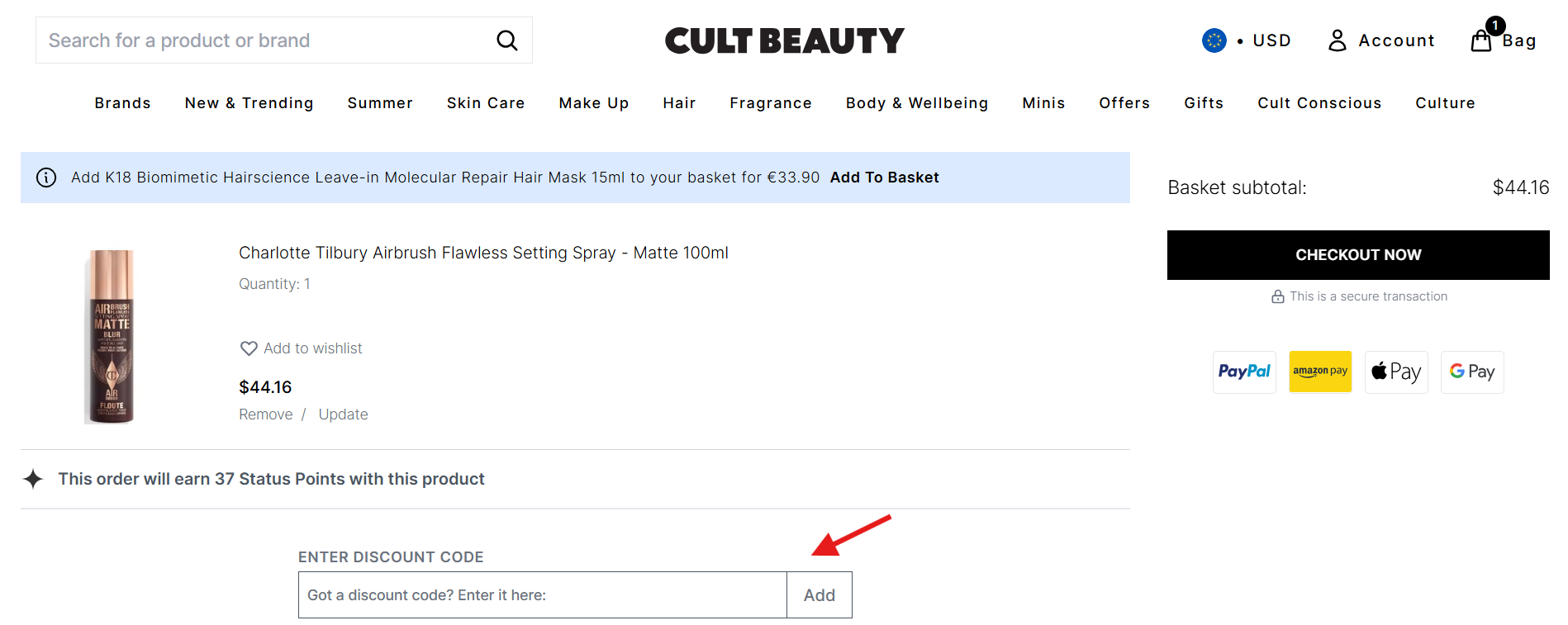 A screenshot of Cult Beauty checkout page.