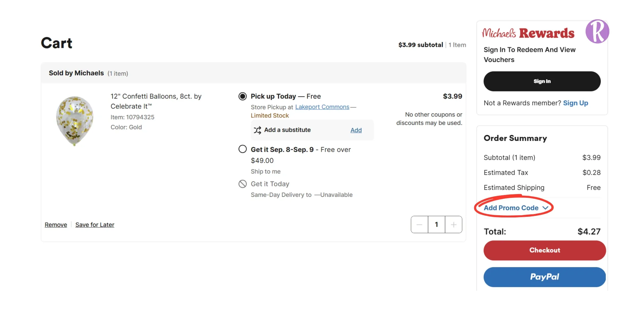 Michaels shopping interface.