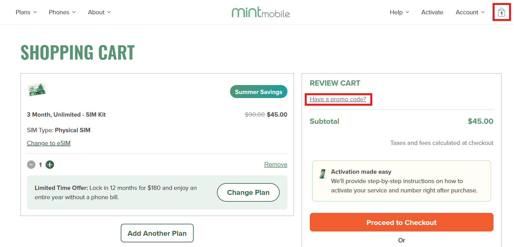 A screenshot of Mint Mobile checkout page.