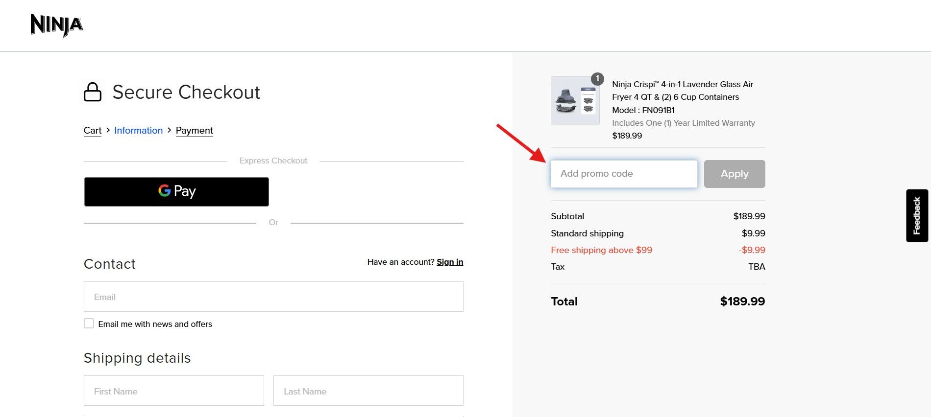 A screenshot of Ninja Checkout page.