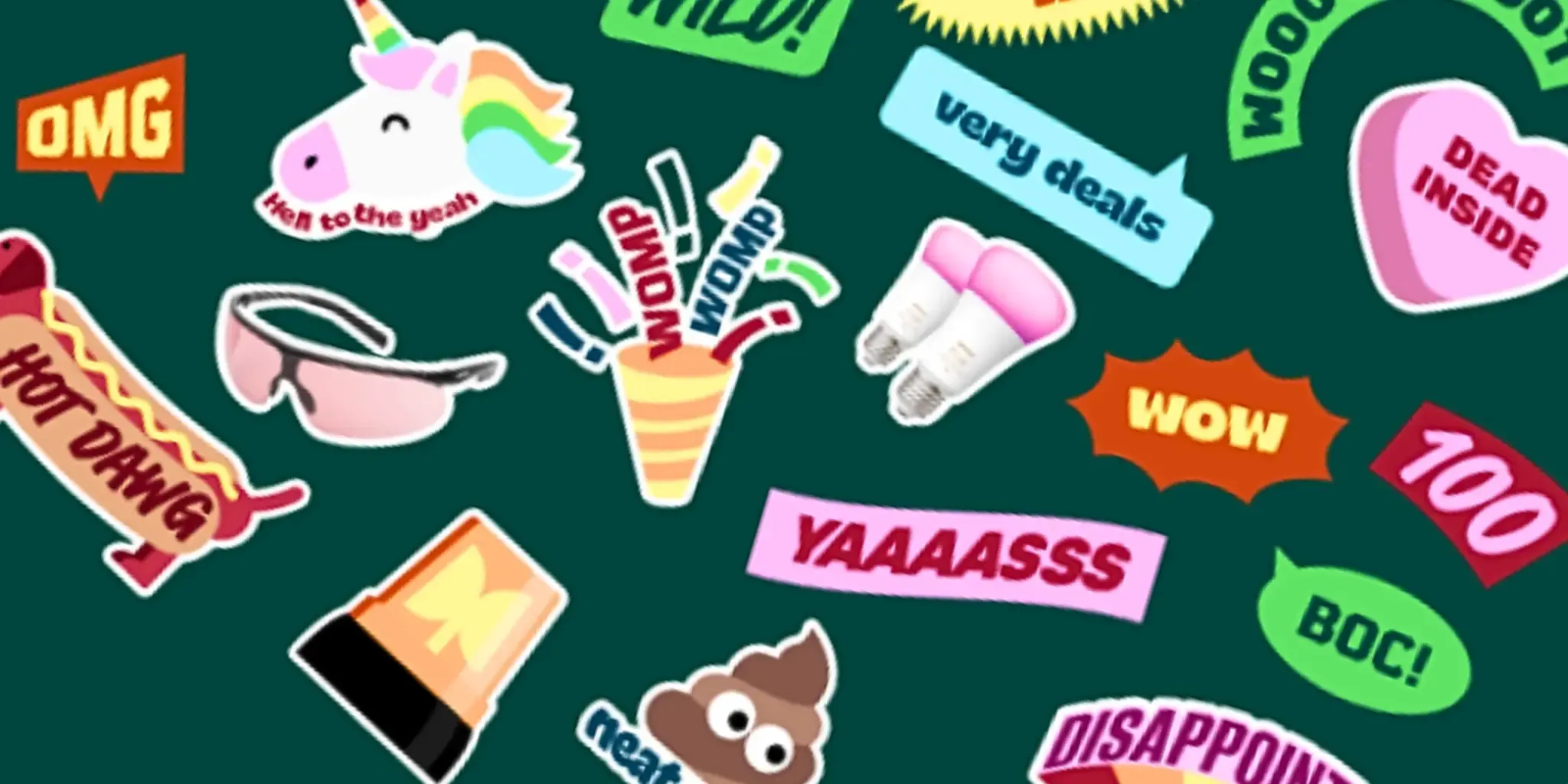 A variety of cartoon stickers, including a unicorn, poop emoji, and speech bubbles. A variety of cartoon stickers, including a unicorn, poop emoji, and speech bubbles.
